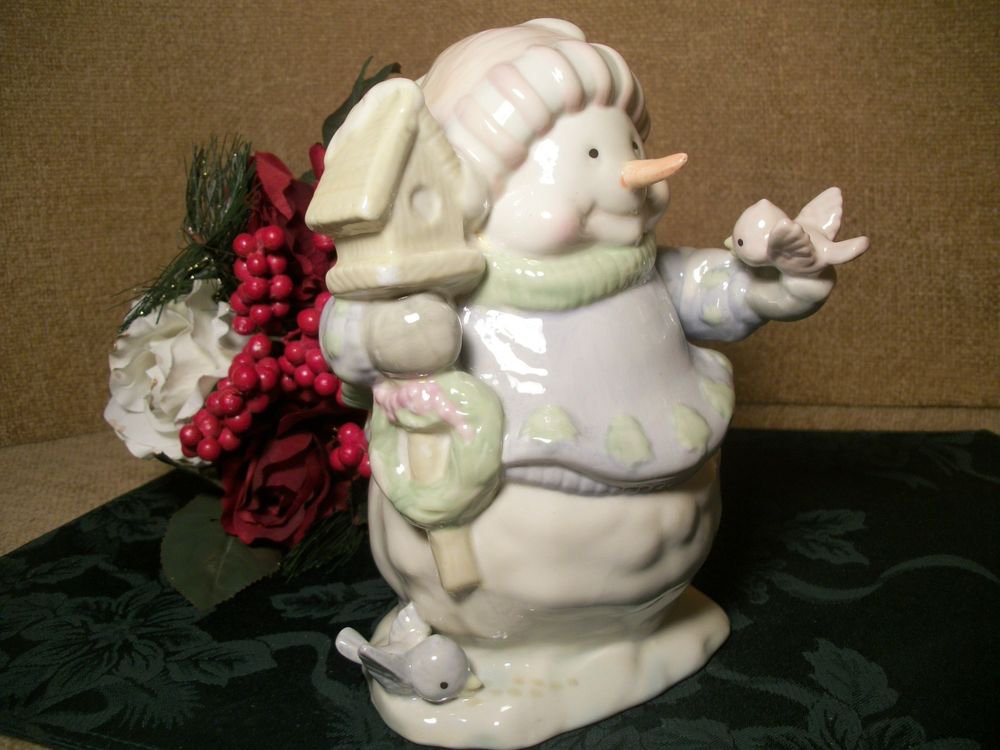 Snowman with Bird and Bird House Blue and White Pastel Ceramic Vintage Figurine