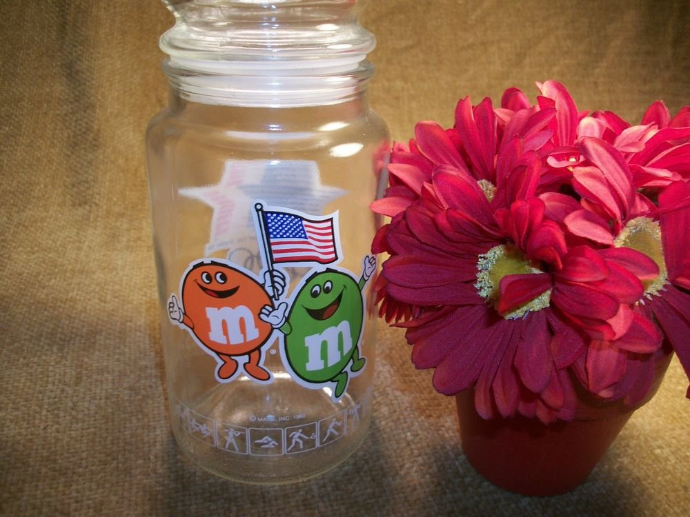 Glass Canister M and M's Candy Jar 1984 Olympics Los Angeles California USA