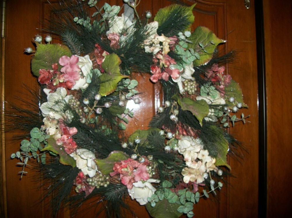 Elegant White Pink and Gold Sparkly Floral Winter Wreath 24" Grapevine Decor