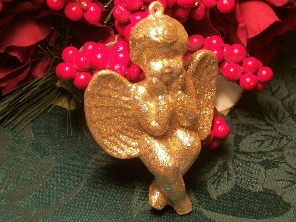 Gold Angel Christmas Tree Ornament 4" Cherub Shelf Sitter Glittery Figurine