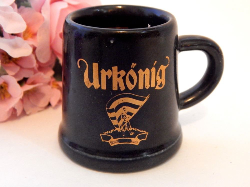 Urkonig Gin Shot Glass Miniature Black Ceramic Mug German Steinhagen Advertising