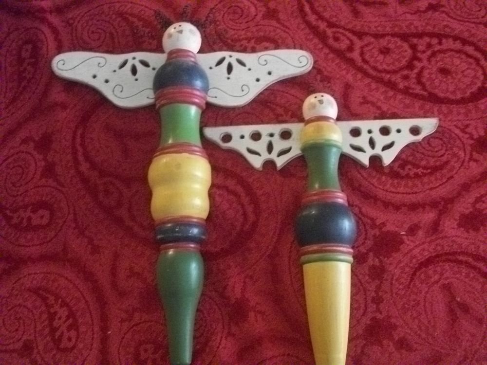 Angel Wall Hangings Indoor Outdoor Two Wooden Spindle Handpainted Home Decor