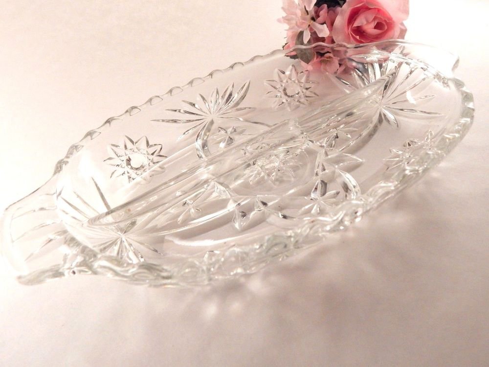 Clear Pressed Glass Divided Dish Candy Nut Relish Serving Bowl Vintage 1950's