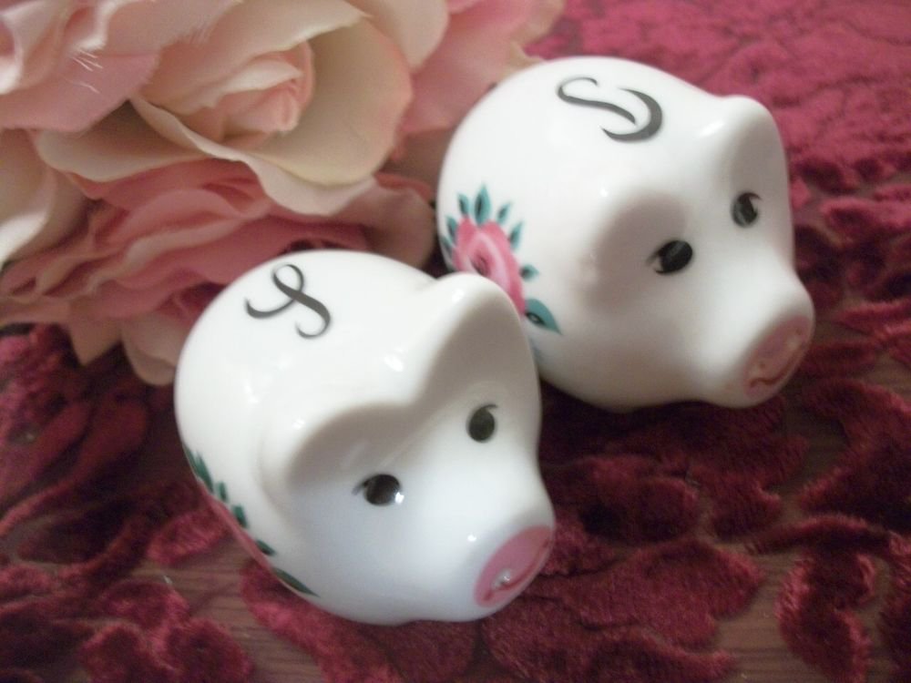 Pig Salt Pepper Shakers White Porcelain Pink Floral Figurines VTG Collectible