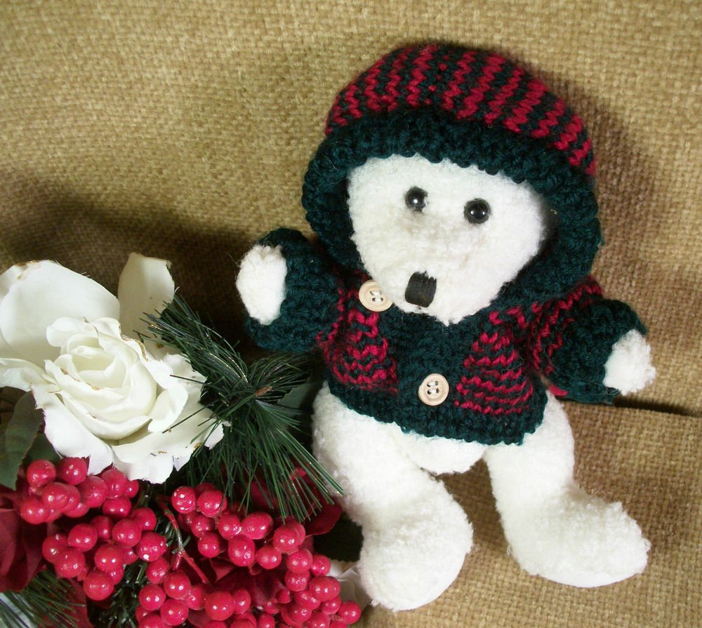 White Polar Bear Christmas Stuffed Animal Green and Red Hoodie by Hugfun 1998