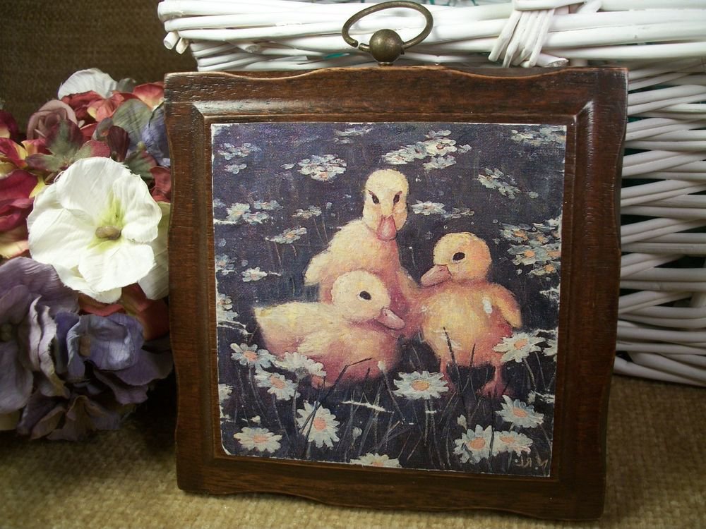 Baby Ducks Wall Hanging Yellow Ducklings Decoupage Plaque Vintage Home Decor