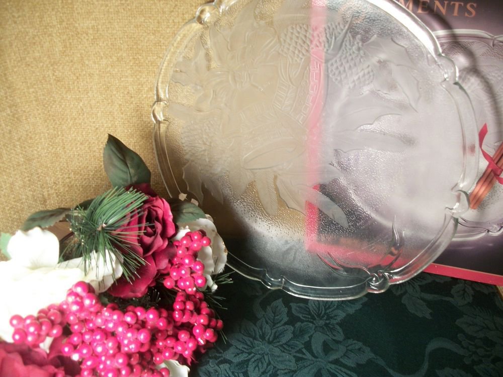 Glass Christmas Serving Plate Holiday Bells Pattern 13" Platter Vintage Tray