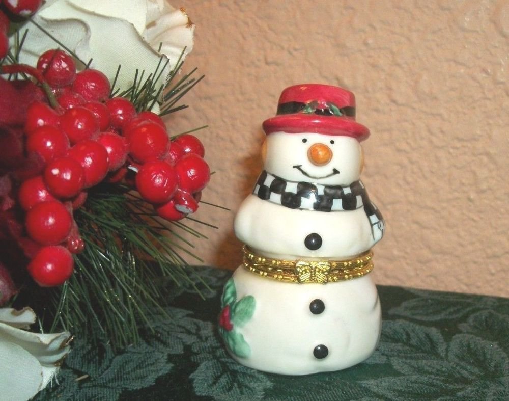 Snowman Red Hat Trinket Box Ceramic Figurine Ring Keeper Winter Christmas Decor