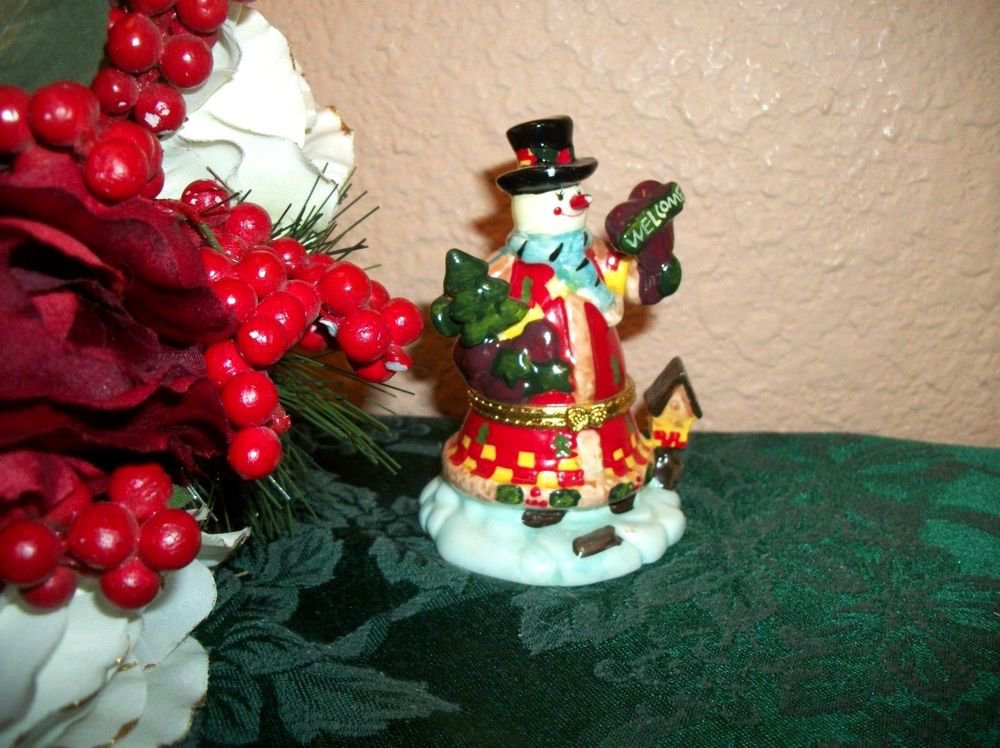 Snowman Trinket Box Ceramic Figurine Ring Keeper Winter Christmas Decor