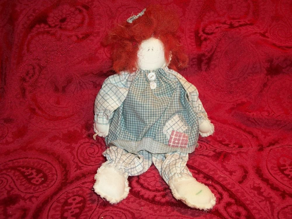 Handcrafted Soft Sculpture Redhead Bad Hair Day Muslin Rag Doll Blue Plaid Dress
