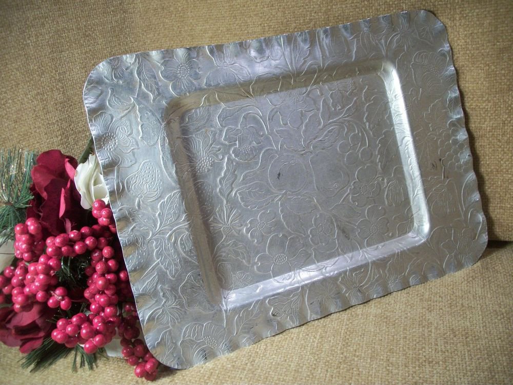Aluminum Serving Tray VTG 1950's Entertaining Fruit Floral Design Rectangle Dish