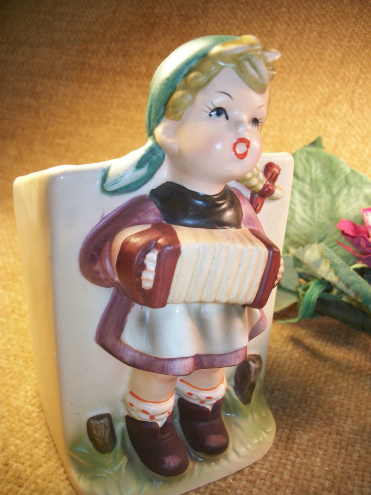 Hummel Style German Girl Playing Accordion VTG 1950's Ceramic Planter Figurine
