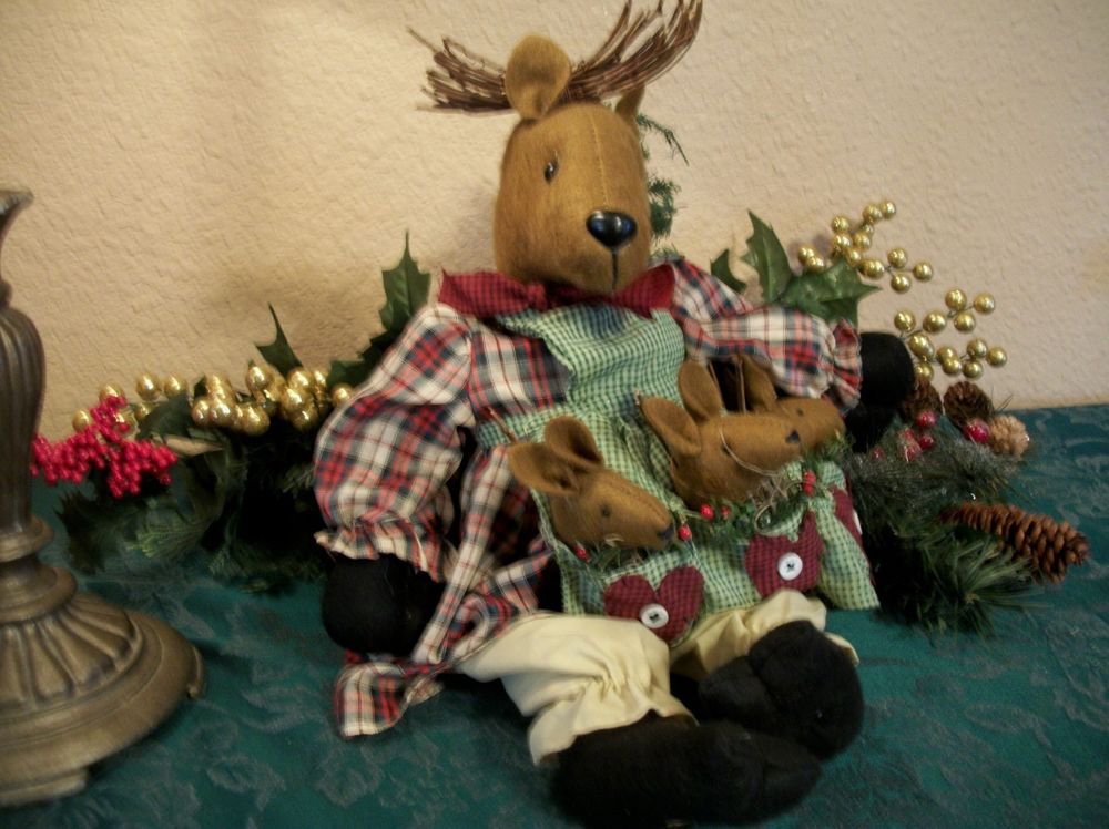 Reindeer Doll Mom and Babies Stuffed Animal VTG Woodland Country Christmas Decor