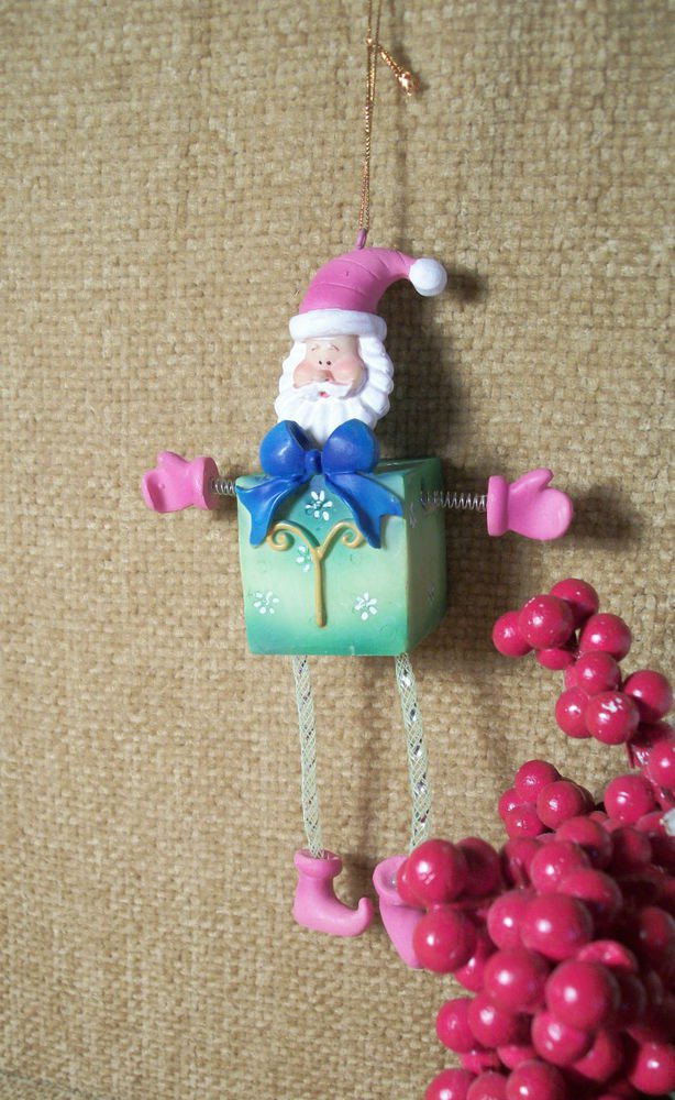 Whimsical Lime Green and Pink Block Santa Christmas Ornament Wiggly Legs Arms