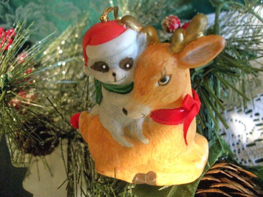 Deer and Raccoon Porcelain Bell Christmas Orn Woodland Winter Figurine VTG SJNY