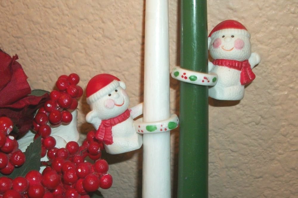 Snowmen Candle Climbers 2 VTG Porcelain Christmas Winter Holiday Table Figurines