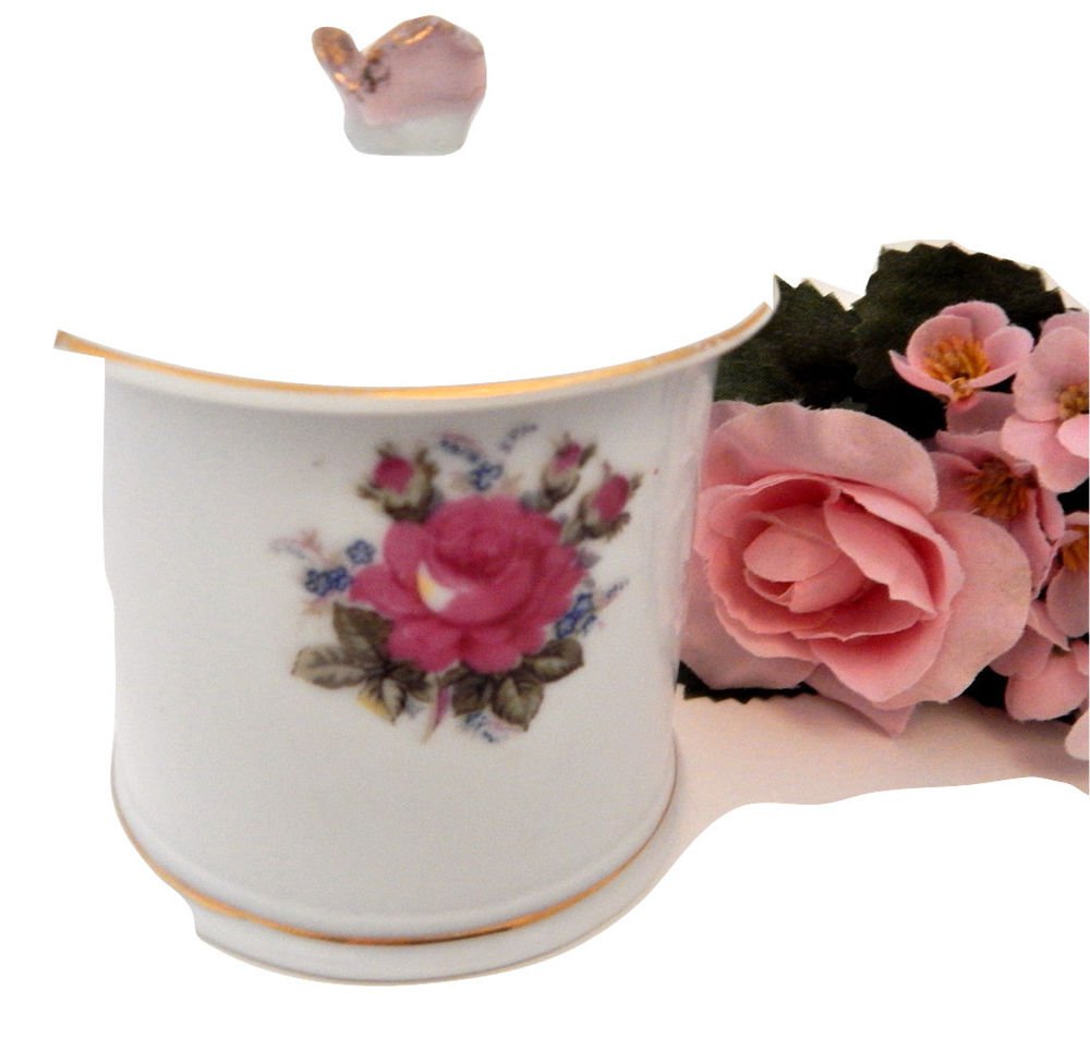 Jelly Dish Vintage White Porcelain Pink Rose Covered Sugar Bowl Jam Sauce Server