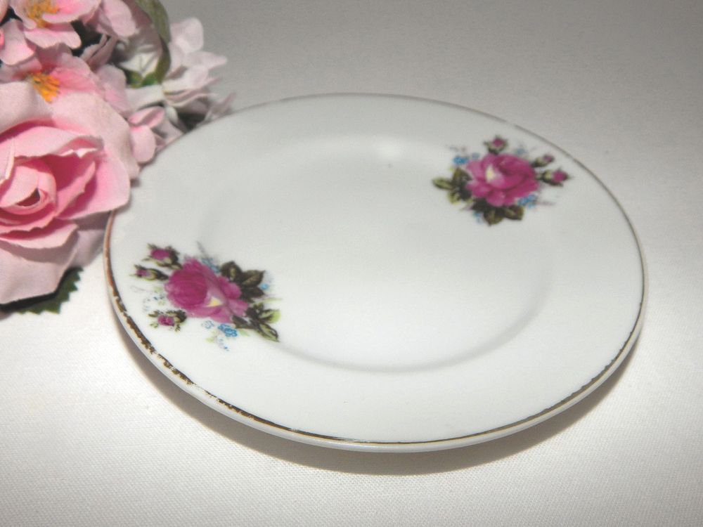 Porcelain Plate Pink Rose Saucer Butter Dish Vintage Cottage Shabby Mint Tray