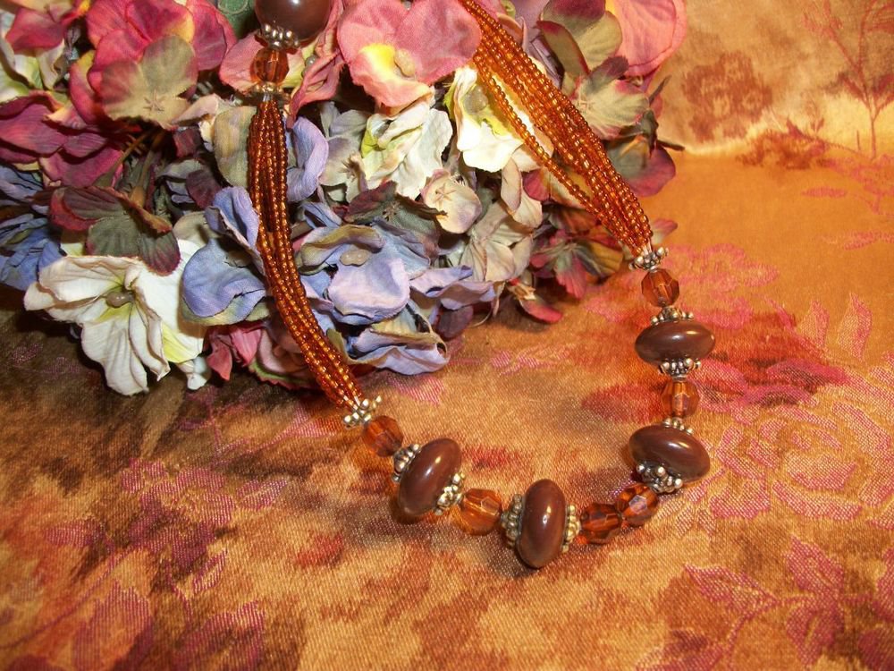 Amber Brown Beaded Necklace Vintage Seed Bead Faceted Beads Adjustable Length