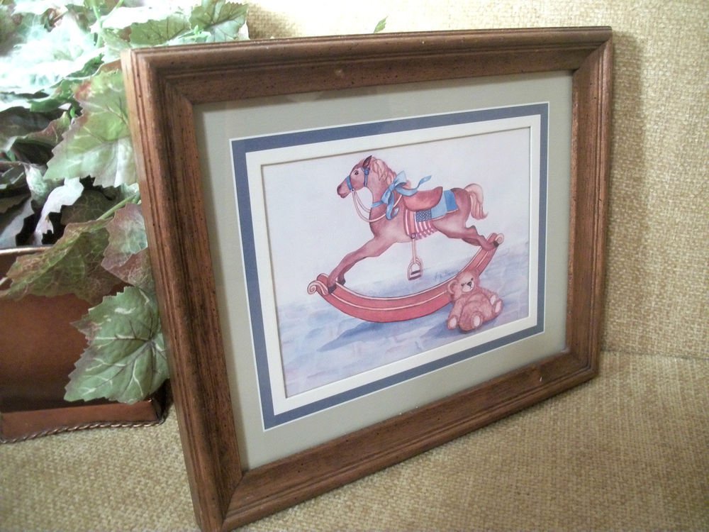 Anna Freeman Vintage Oak Framed Art Print Rocking Horse Teddy Bear American Flag