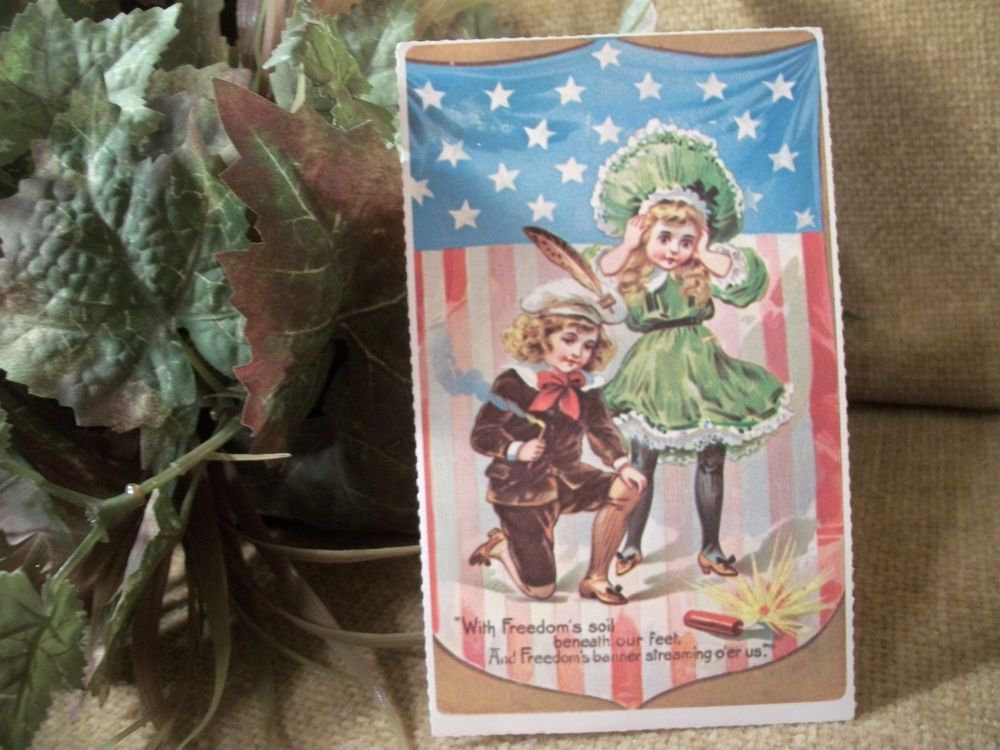 WWII Era Post Card VTG 1930's American Flag Fireworks Freedom Victorian Children