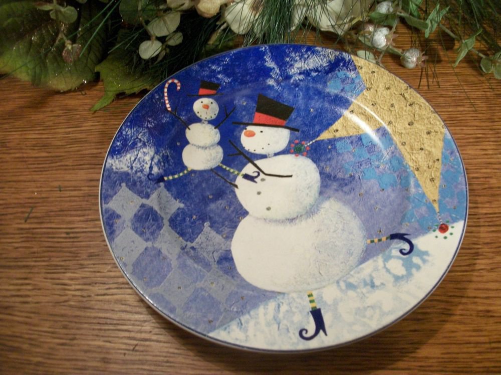 Snowmen Plate Zuauf Snow Pals Oneida Stoneware 8" Dessert Christmas Cookie Dish