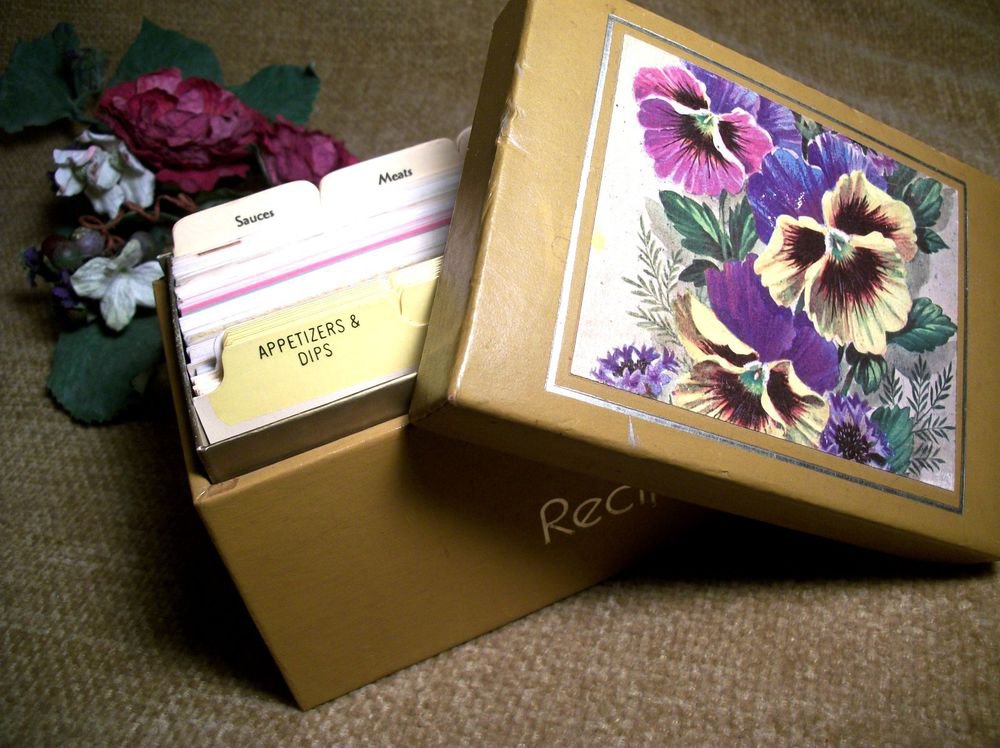 Antique Recipe Card Box Flowers Floral Pansy Pansies Mid Century Kitchen Decor