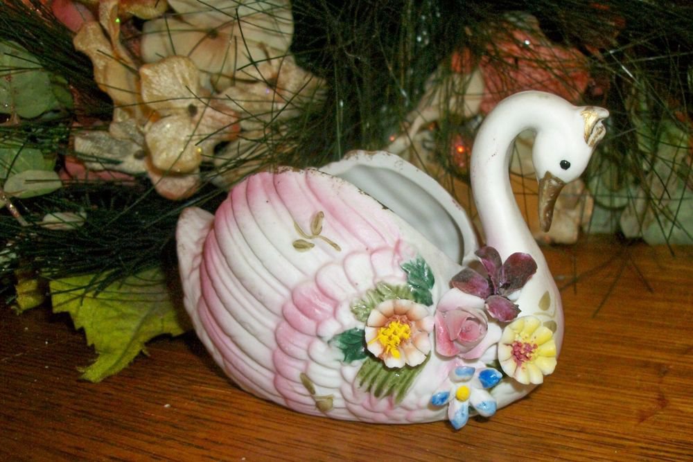 Swan Figurine Trinket Dish Pink White Floral Porcelain Bisque VTG Collectible