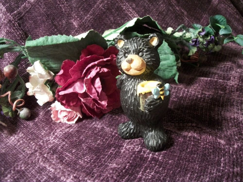 Black Bear Molded Resin Figurine Bearing GIfts of Honey Pot and Bees Home Decor