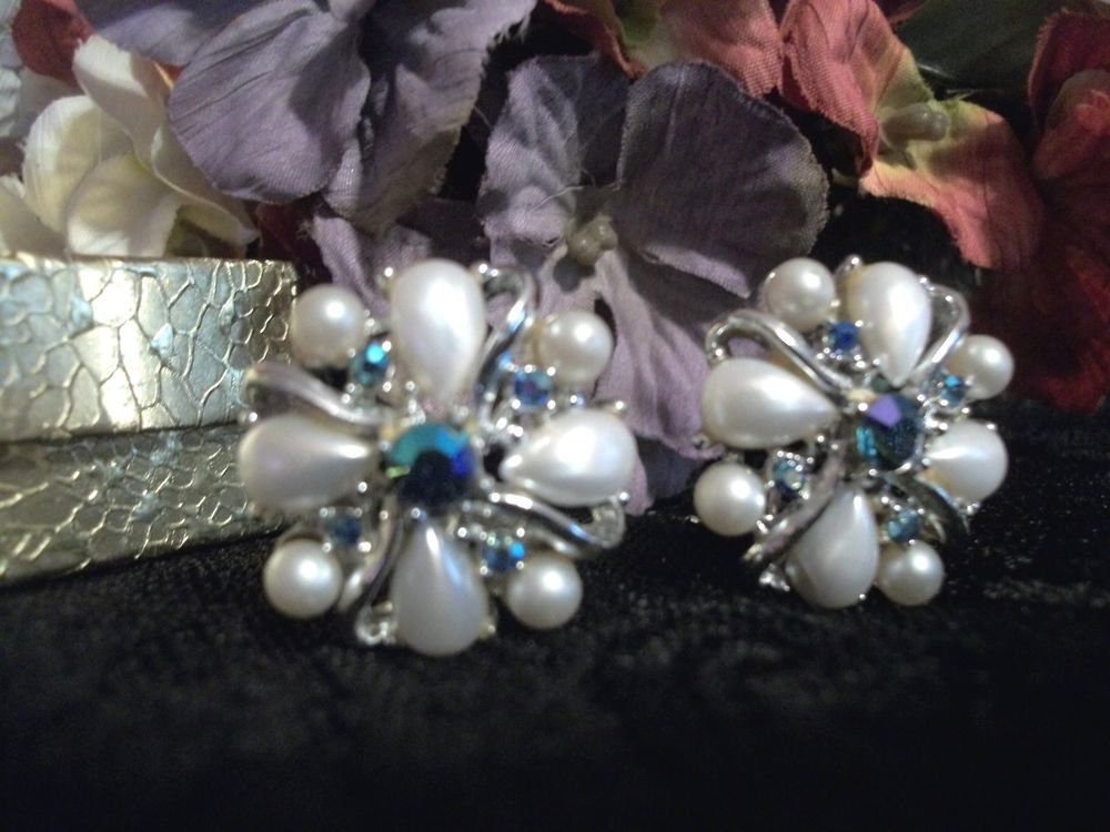Clip On Earrings ART Signed VTG Jewelry Silver Metal Blue Rhinestone White Pearl