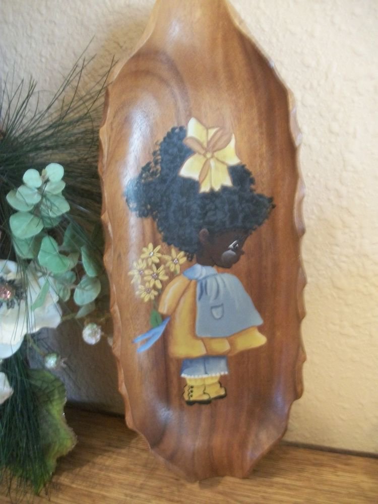 Monkeypod Wood Bowl Tray Wall Decor Hand Painted Black Girl Child Daisy Flowers