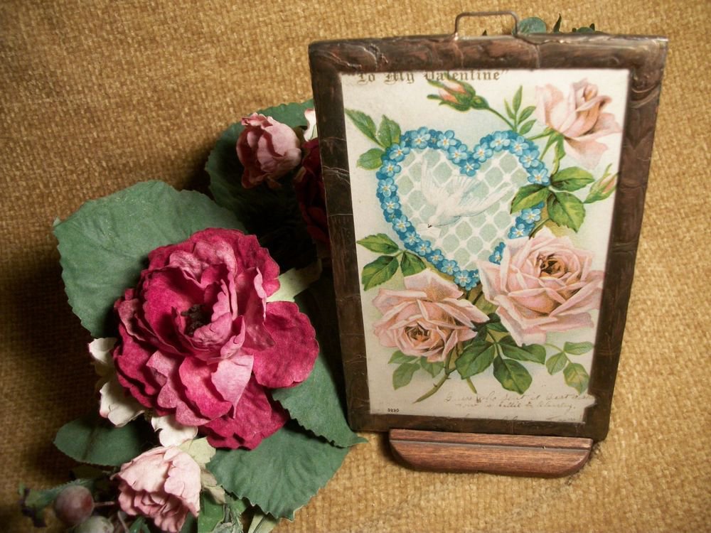 Antique 1906 Valentine's Day Postcard in Glass Covered Metal Frame Wooden Stand