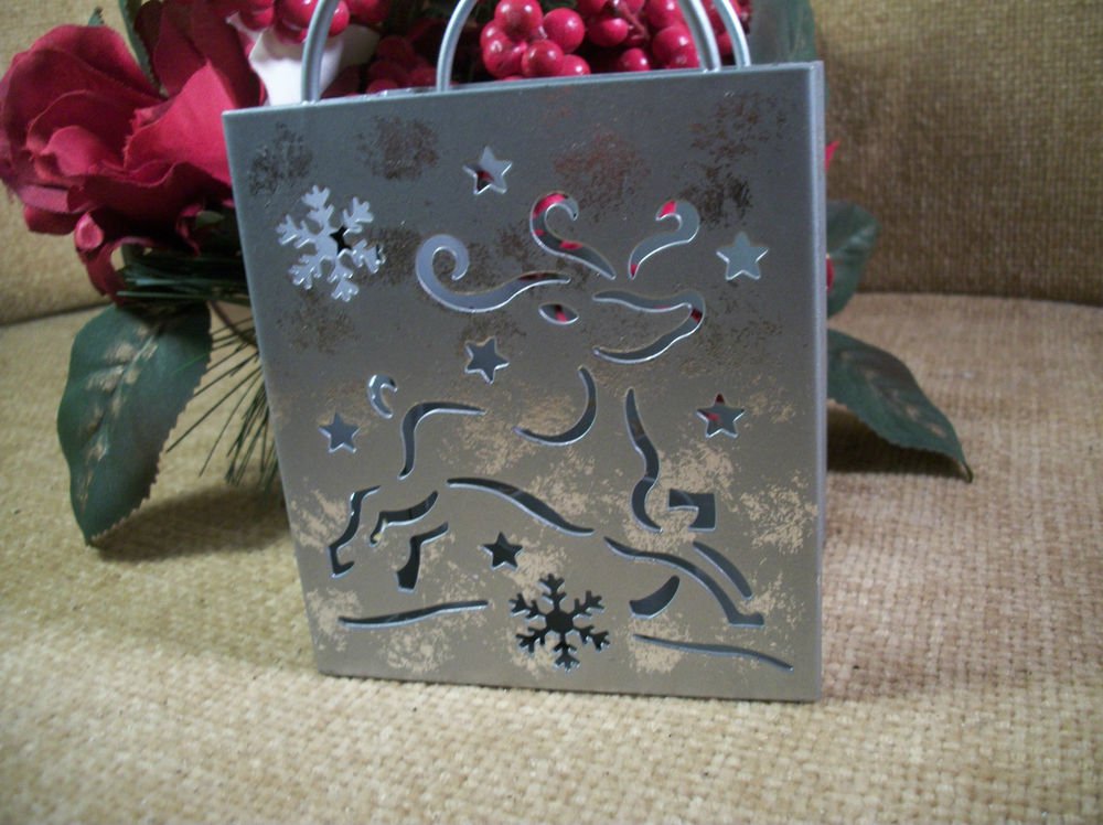 Votive Candle Holder Silver Metal Winter Christmas Reindeer Snowflakes Star Deco