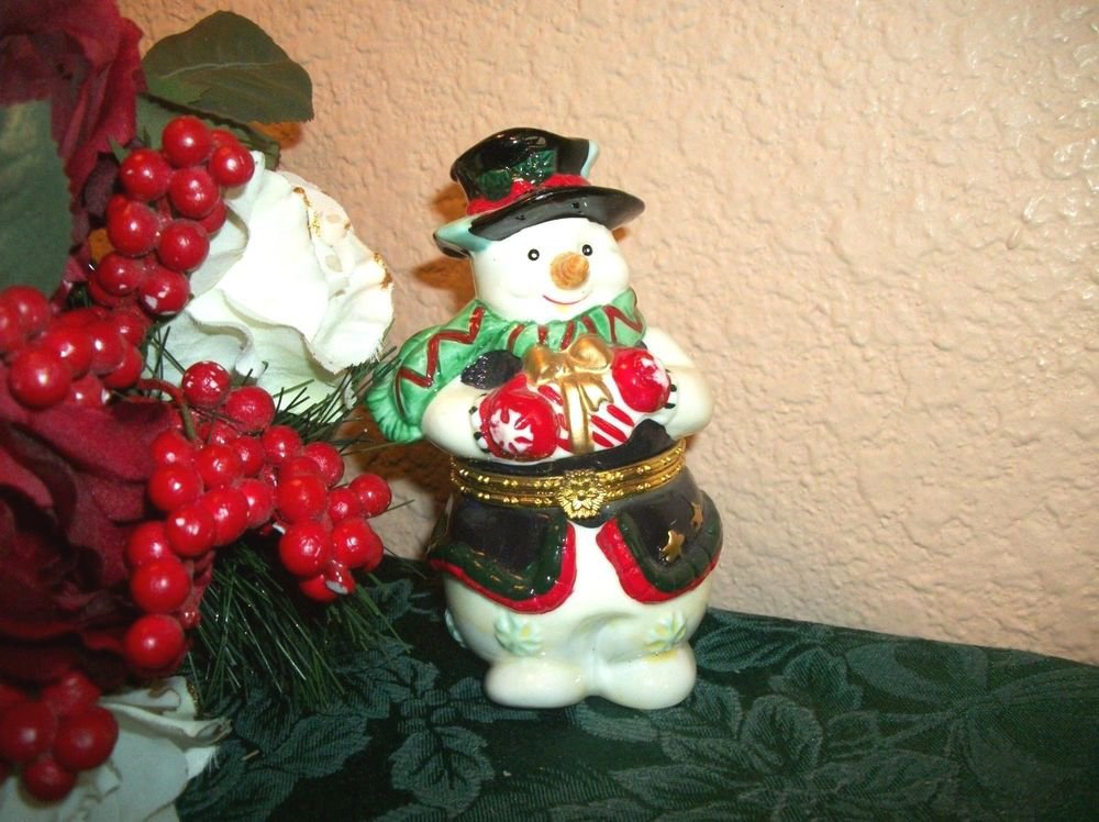 Ceramic Snowman Figurine Gift Ring Trinket Box Winter Christmas Decor
