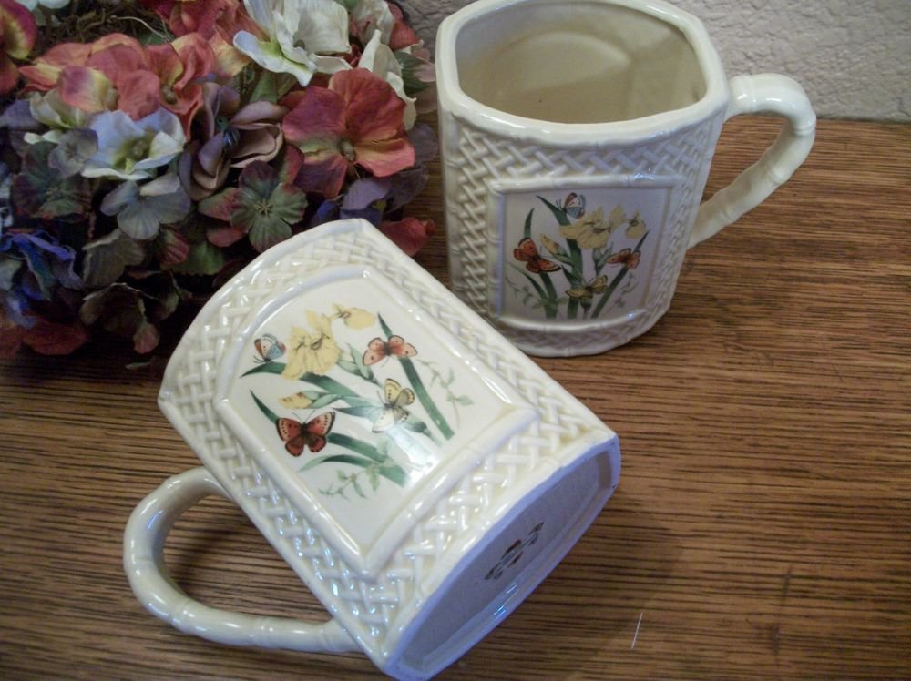 Coffee Mug Set VTG Enesco Garden Trellis Floral Ceramic Beverage Serving Cups