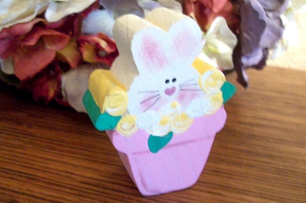 Bunny Rabbit in Flower Pot Handpainted Pine Wood Spring Garden Home Decor