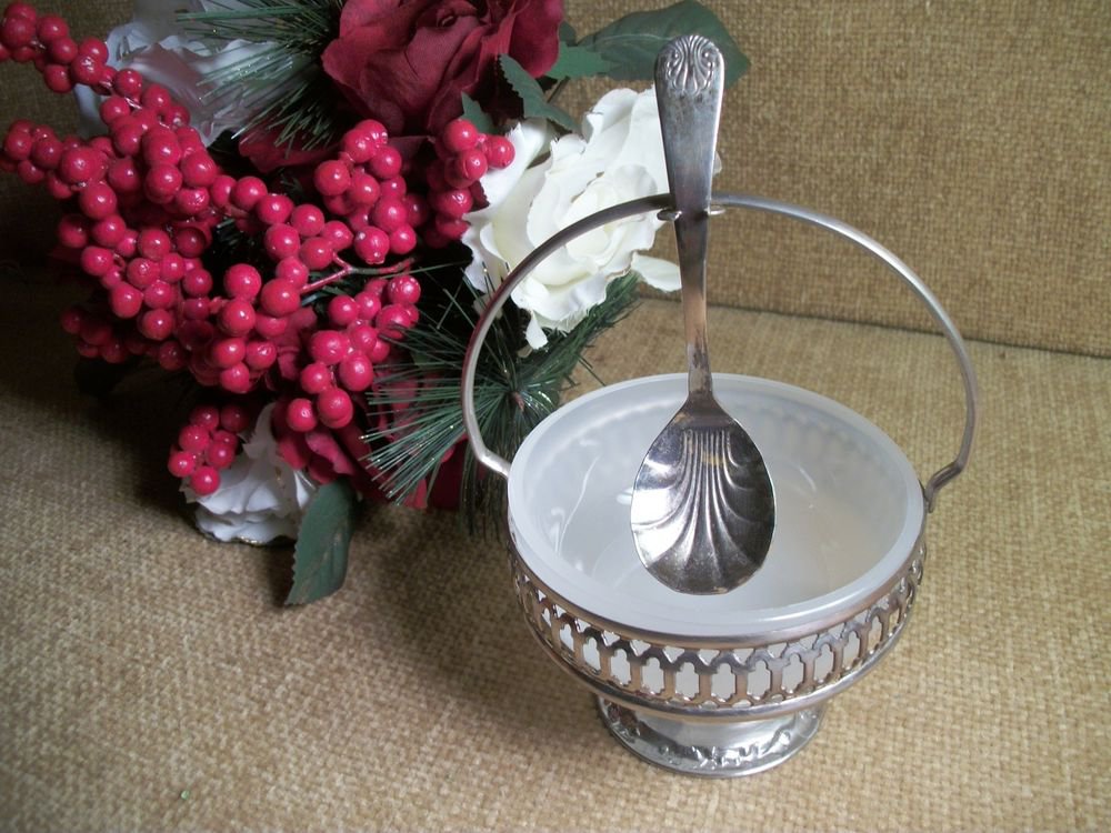 Condiment Serving Set Silverplate from England VTG White Glass Bowl Spoon Caddy