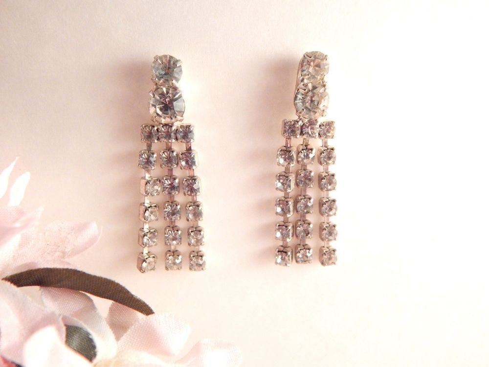 Rhinestone Earrings Vintage Costume Jewelry Silver Metal Dangle Drop Down