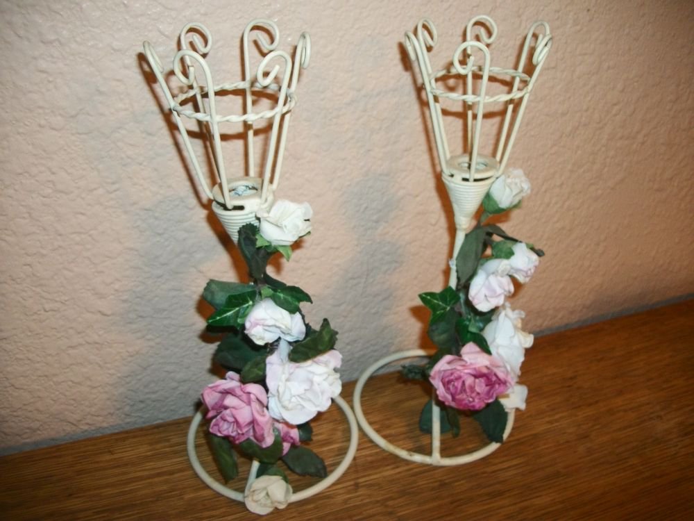 Candle Holders Metal and Rose Garland Votive Cottage Shabby White Candlesticks