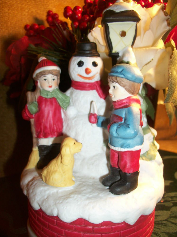 Snowman and Kids Music Box Christmas Decor Rotating Ceramic Plays Jingle Bells