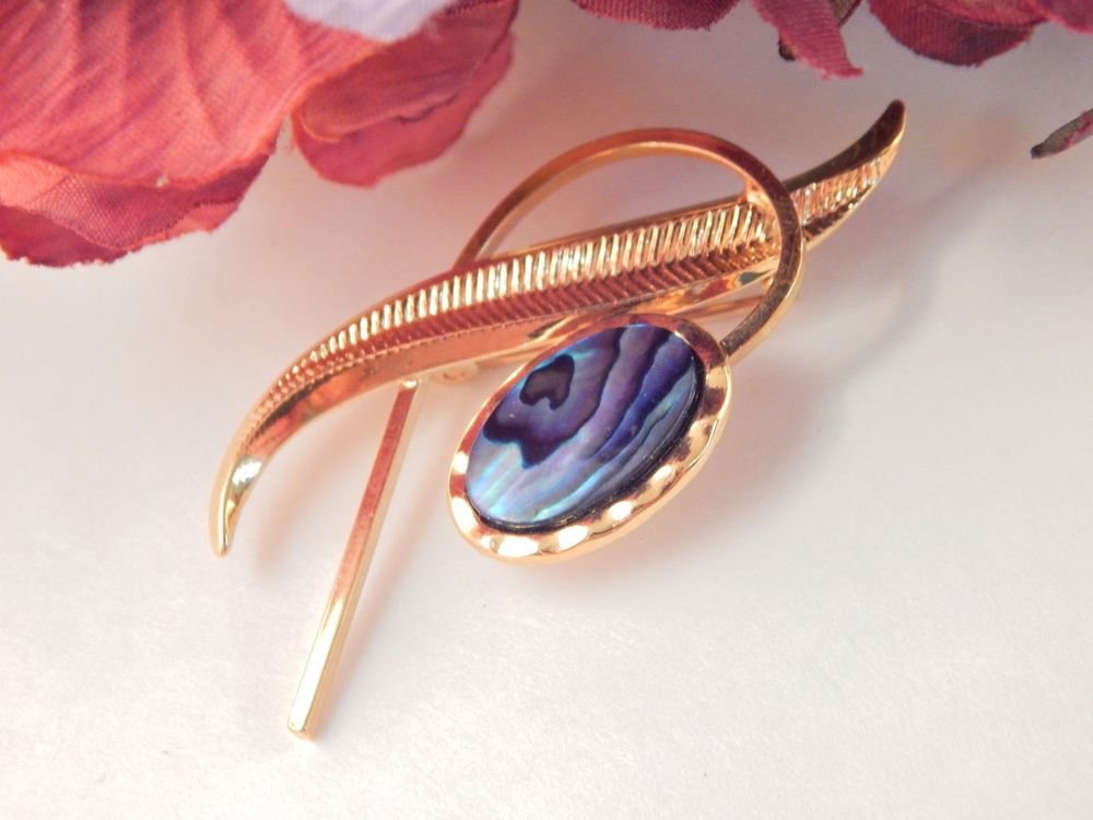 Gold Leaf Brooch Abalone Shell Pin Teal Blue Modern Artistic Fashion Jewelry