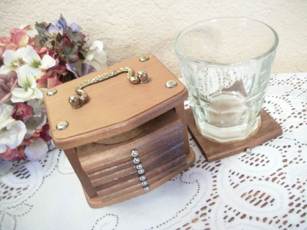 Coaster Set Teak Wood and Cork in Stacking Caddy VTG Bar Decor Home Entertaining