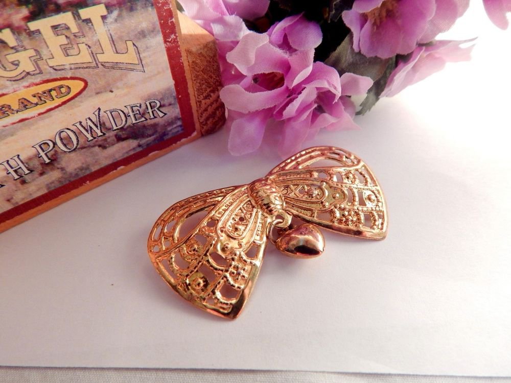 Bow Brooch Hanging Puffed Heart Collar Pin Gold Pressed Metal Vintage Jewelry