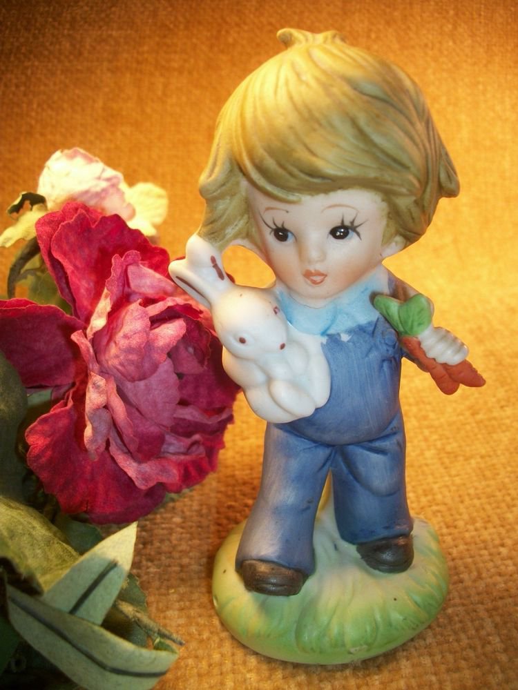 Country Boy with White Bunny Rabbit VTG Porcelain Bisque Collectible Figurine