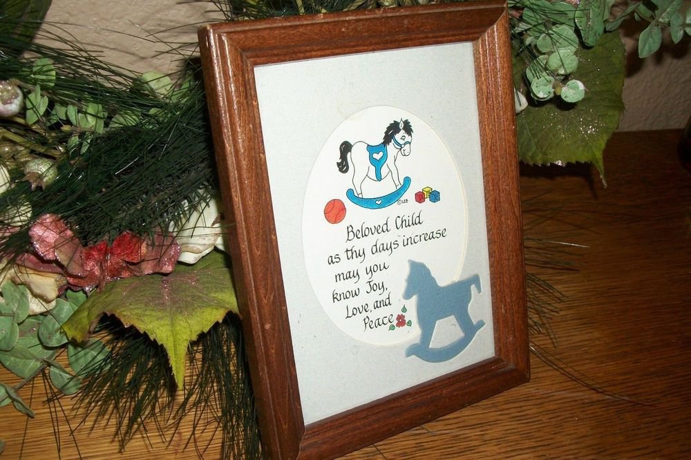 Baby Boy's Room Wall Hanging Blessing Picture Framed Art Rocking Horse VTG Decor