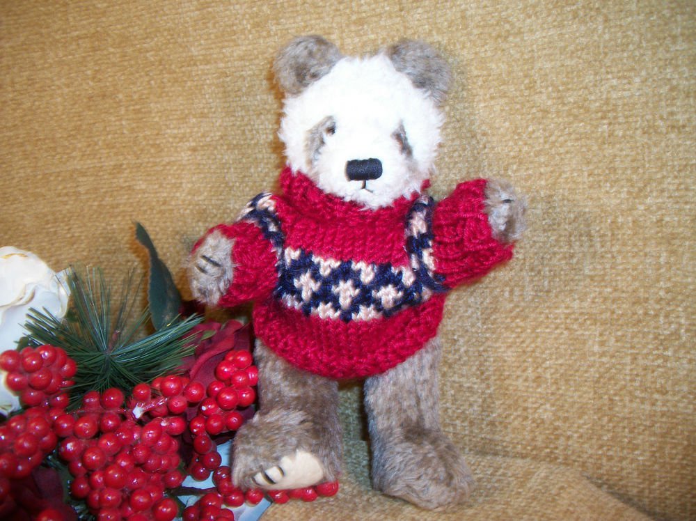 Brown Panda Christmas Stuffed Animal Red and Green Knit Sweater by Hugfun 1998