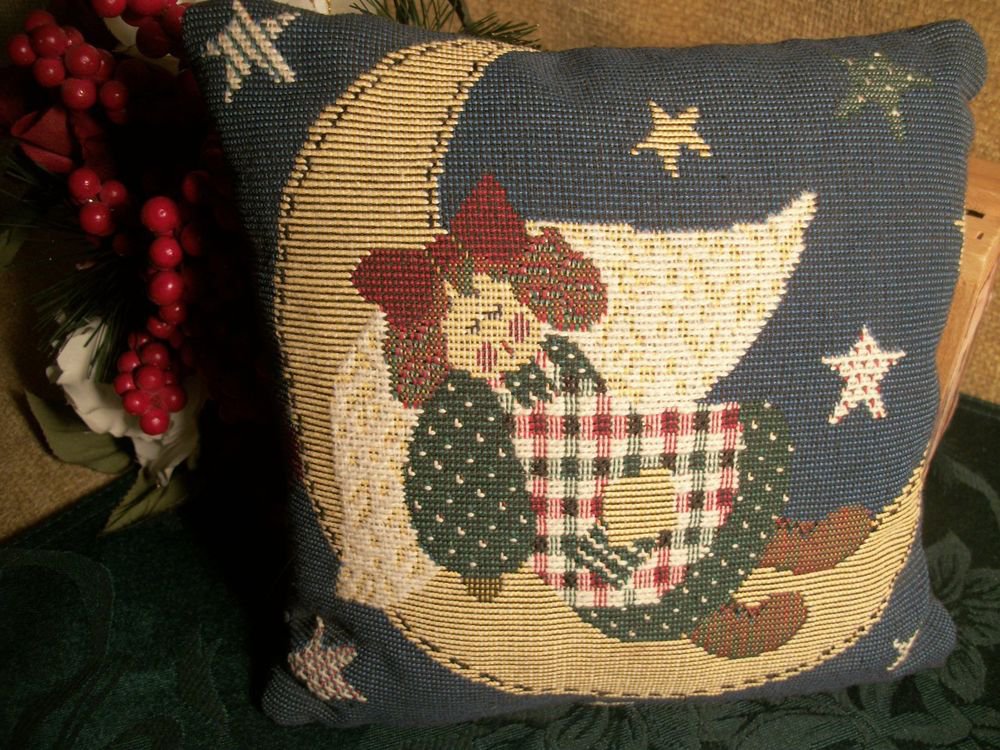Pillow Tapestry Accent Decor Angel Stars Moon VTG 1980's Country Home Accessory