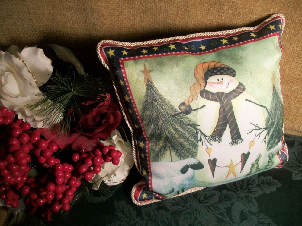 Snowman Hearts and Stars Winter Scene Holiday Pillow, Christmas Decoration