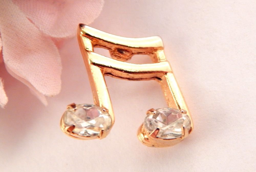 Musical Notes Lapel Pin Gold Metal Rhinestone Brooch Music Gift Vintage Jewelry