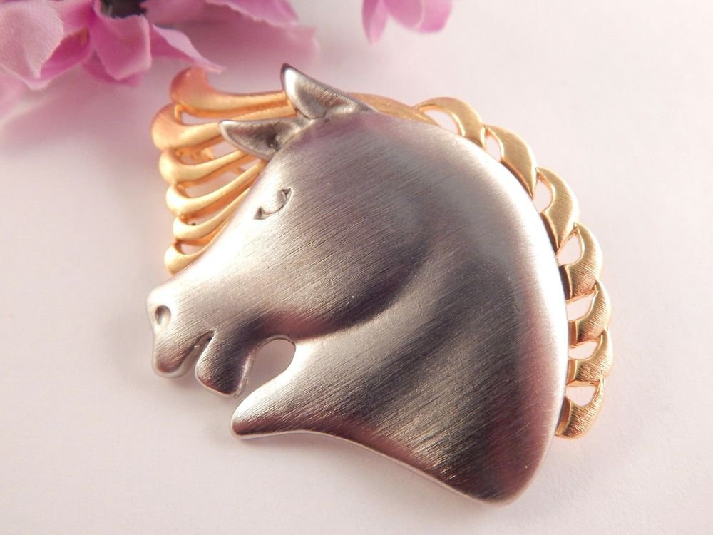 Horse Head Pin Gold and Silver Brushed and Shiny Metal Brooch Vintage Jewelry